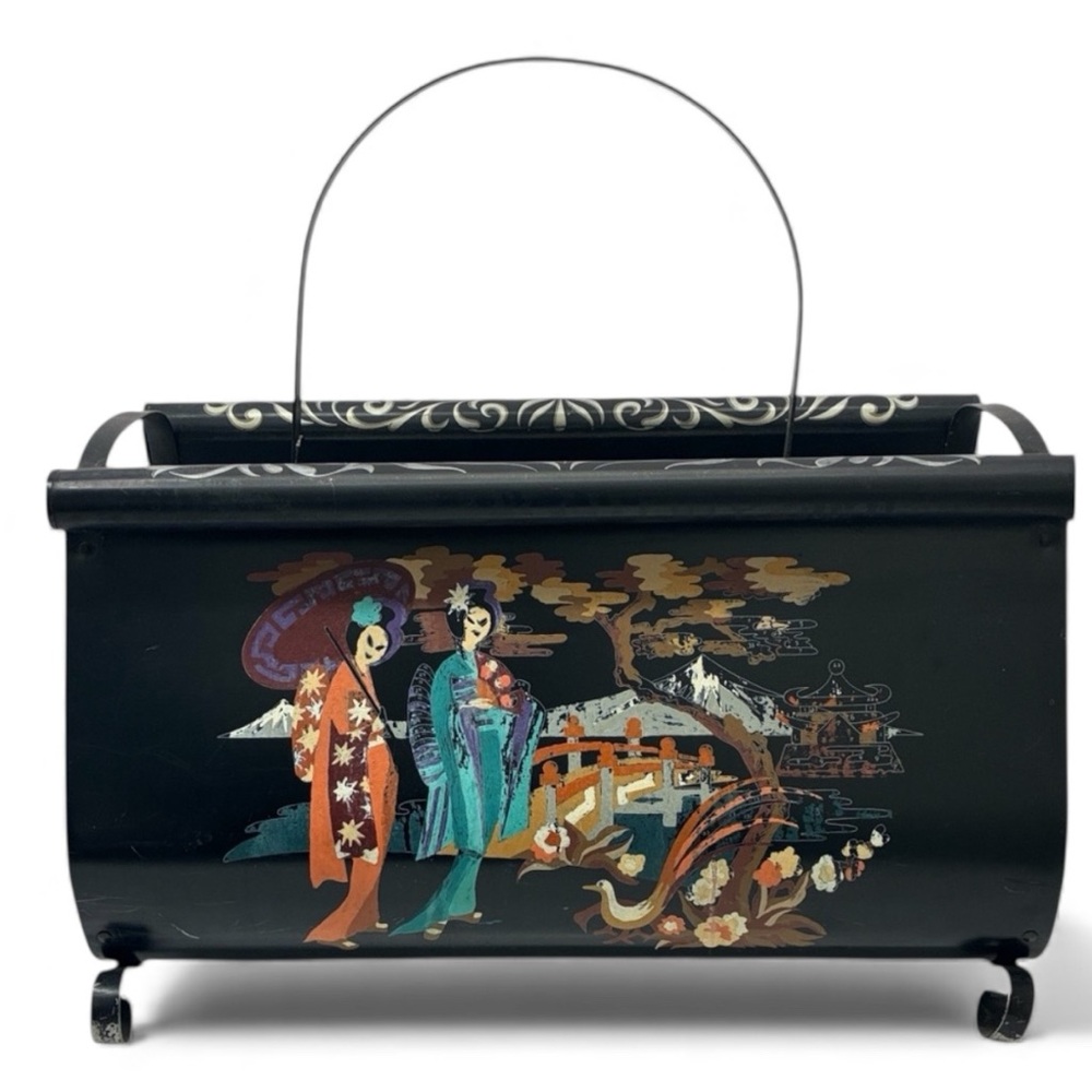Metal Magazine Rack teal Orange Asian Design Oriental Motif Black Backdrop VTG